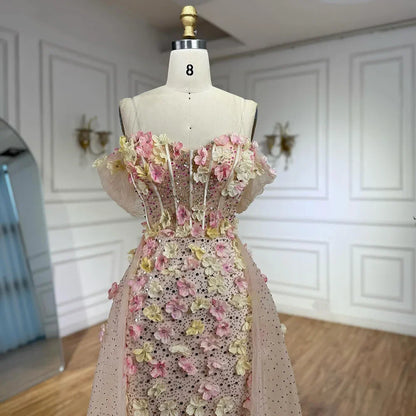Luxury Dubai   Nude Floral Beaded Off Shoulder Corset Evening Gown With Overskirt for Formal Occasion LA72861