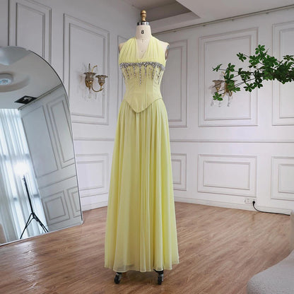 Luxury Designer Sage Green Chiffon Halter Beaded   Evening Dress LA73074