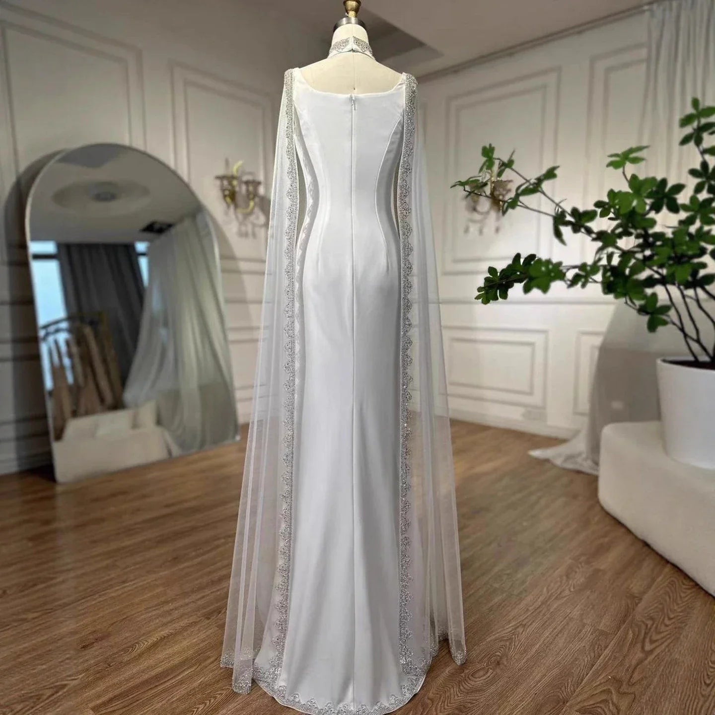 Luxury Blue Mermaid Beaded Evening Dress with Cape Sleeves LA72086