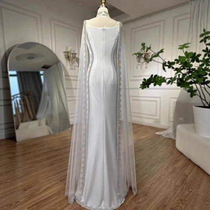 Luxury Blue Mermaid Beaded Evening Dress with Cape Sleeves LA72086