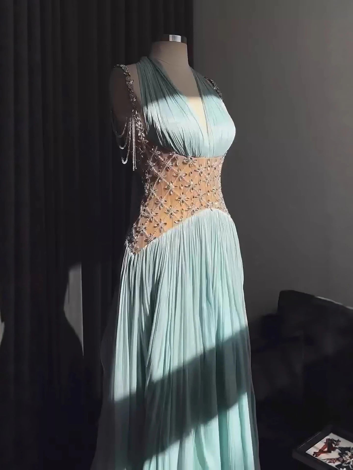 Luxury Turquoise Crystal Beaded A-Line Evening Dress LA73421