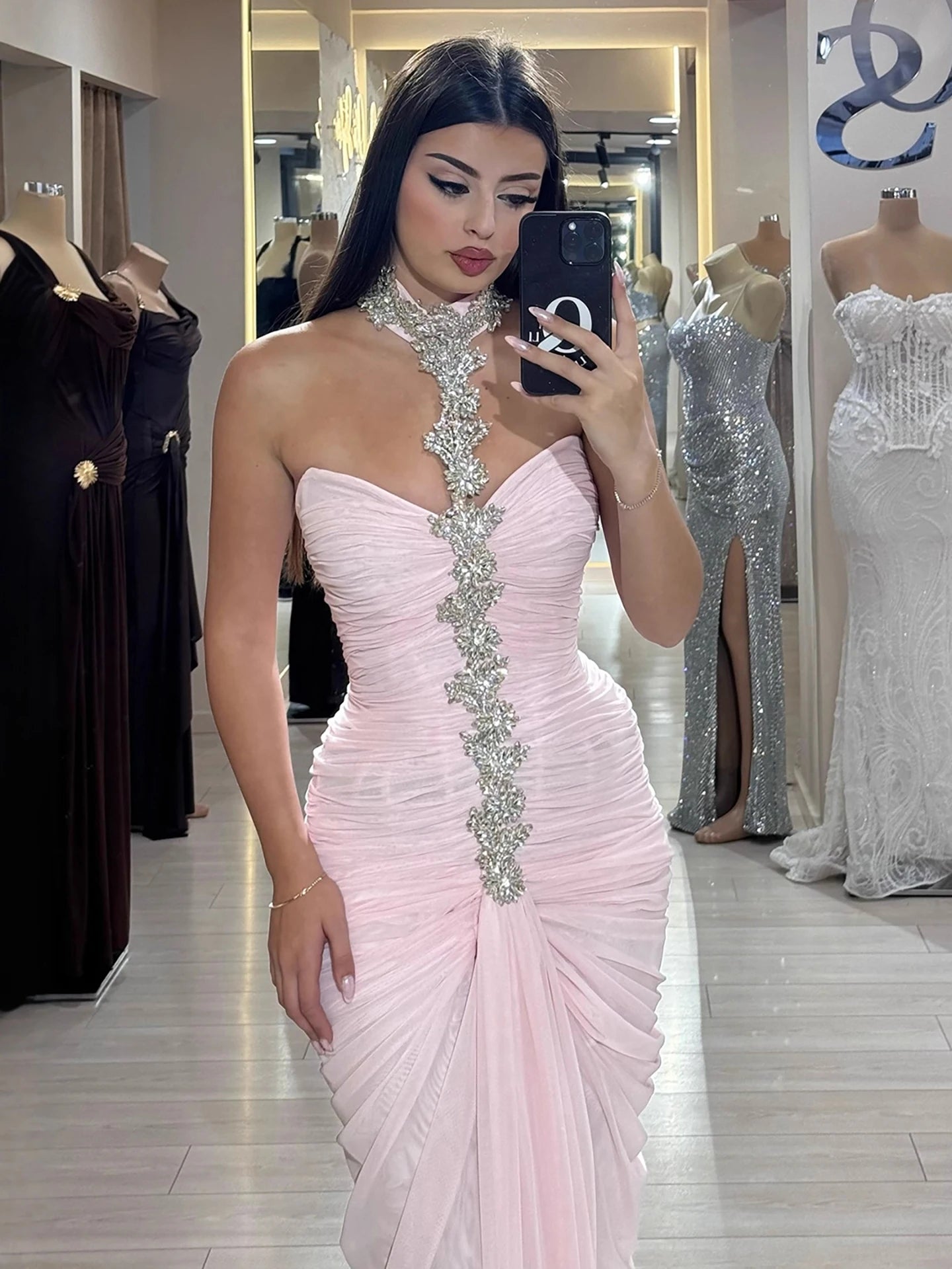 Luxury Pink Halter Crystal Beaded Evening Dress with Cape LA73374