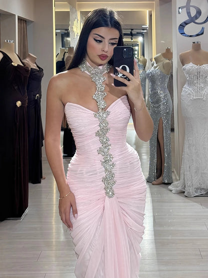 Luxury Pink Halter Crystal Beaded Evening Dress with Cape LA73374