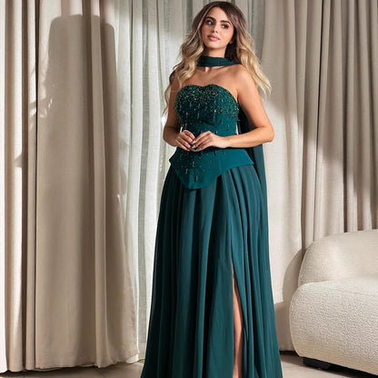 Luxury Green Beaded Corset Evening Dress with Cape LA73367