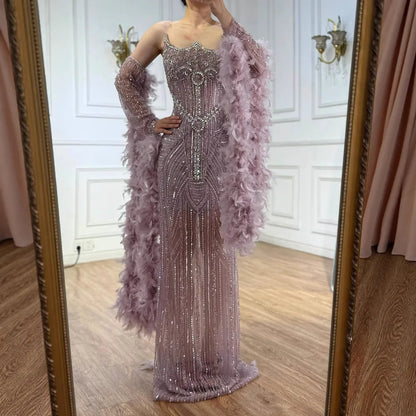Luxury Caramel Beaded Evening Dress with Feather Sleeves LA73055