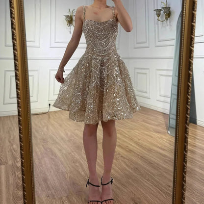 Luxury Nude Crystal Beaded A-Line Short Cocktail Party Dress LA72983
