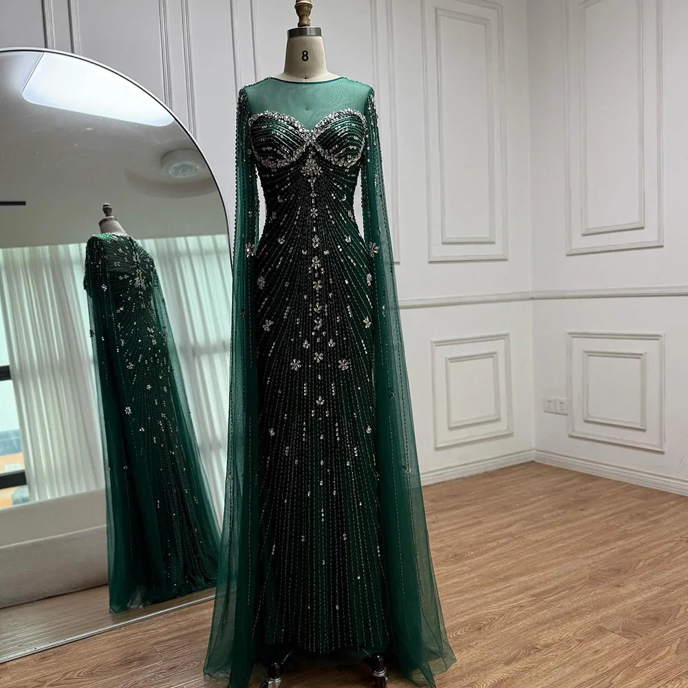 Luxury Green Beaded Mermaid Dress with Cape Sleeves LA73115