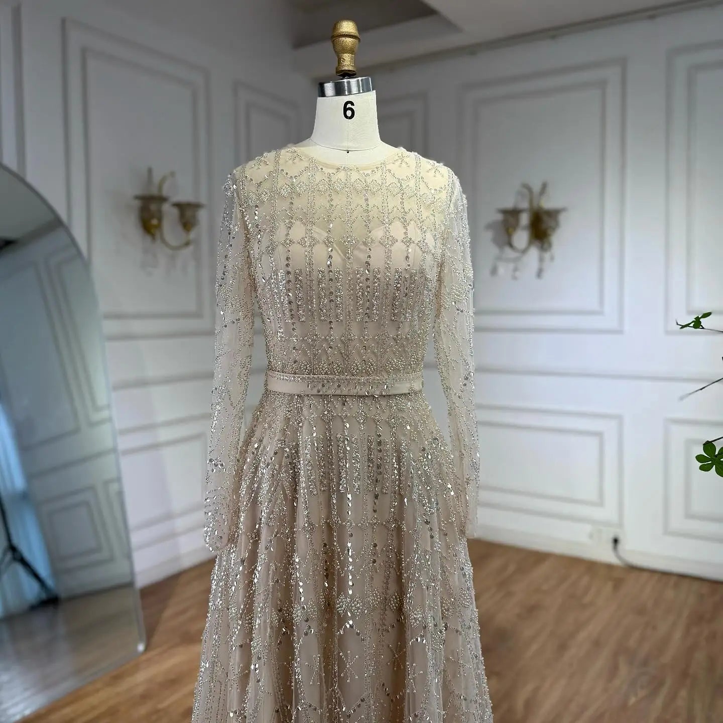 Luxury Nude A-Line Pearls Beaded Evening Dress LA73174