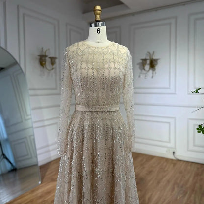 Luxury Nude A-Line Pearls Beaded Evening Dress LA73174