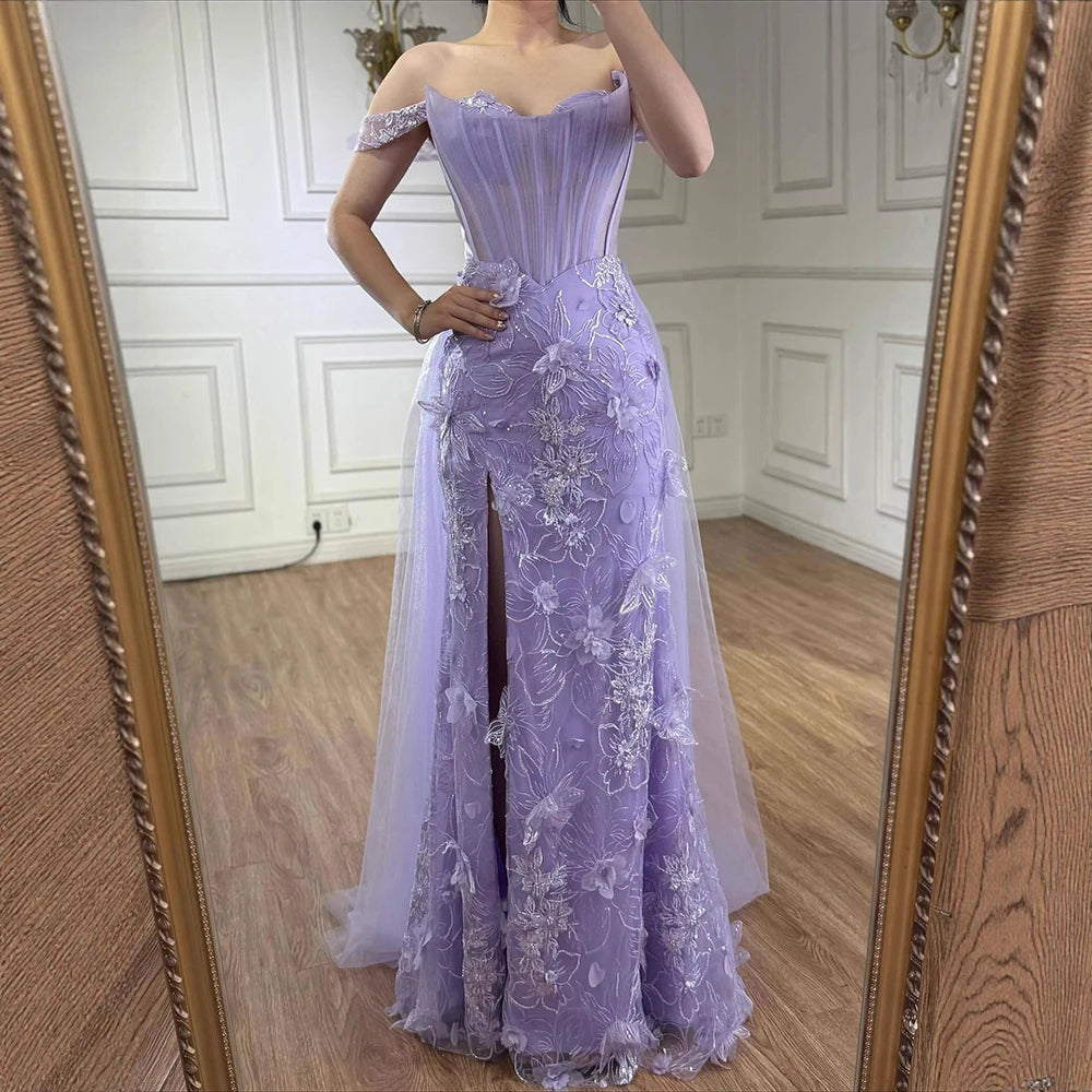 Lilac Off Shoulder Corset Beaded High Slit Tulle Gown LA72874