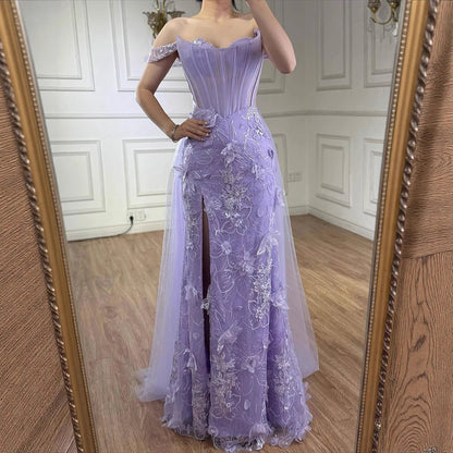 Lilac Off Shoulder Corset Beaded High Slit Tulle Gown LA72874