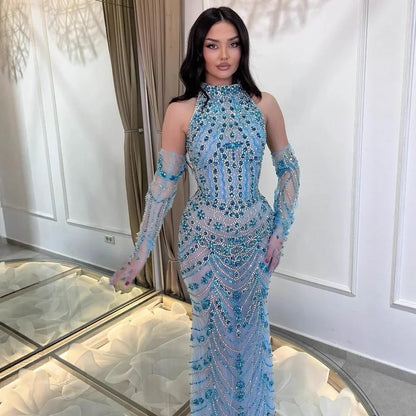 Luxury Dubai Arabic Blue Beaded Evening Dress with Gloves LA72760A