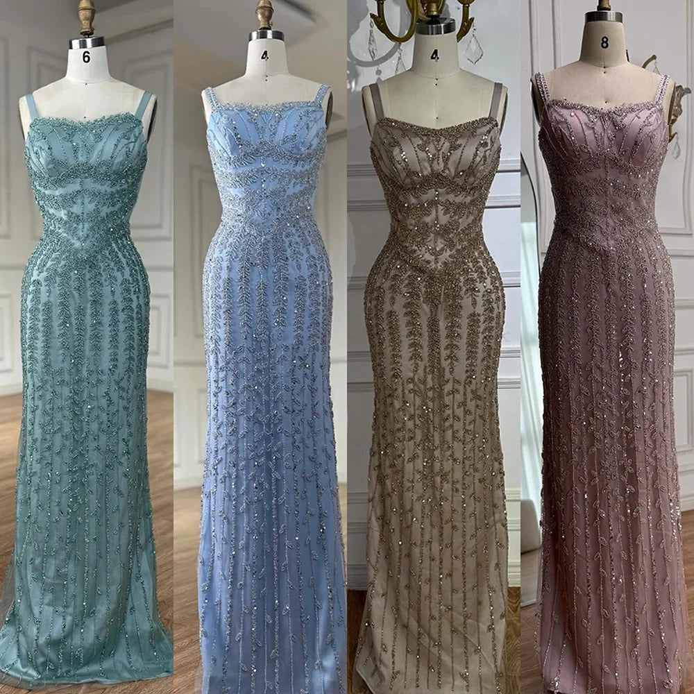 Luxury Arabic Blue Spaghetti Strap Mermaid Evening Dress Beaded LA72725