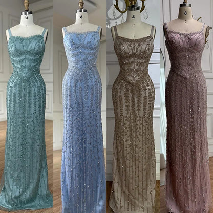 Luxury Arabic Blue Spaghetti Strap Mermaid Evening Dress Beaded LA72725