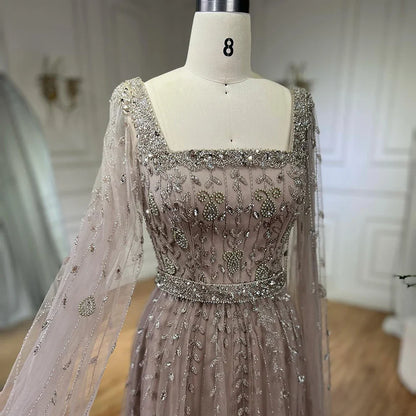 Caramel Beaded A-Line Evening Dress with Cape Sleeves LA71803A