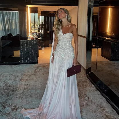 Luxury Pink Arabic Floral Evening Dress With Cape LA73451