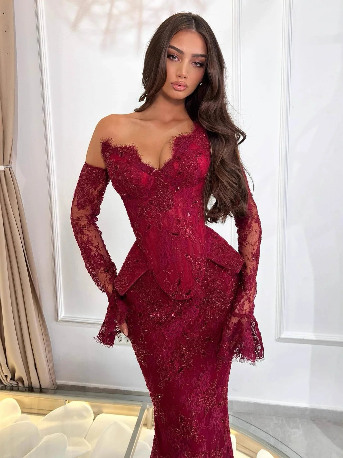 Luxury Wine Red Lace Beaded Mermaid Evening Dress LA73341