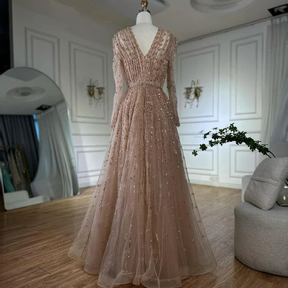 Luxury Nude A Line Beaded Evening Dress for Formal Occasion LA71803D