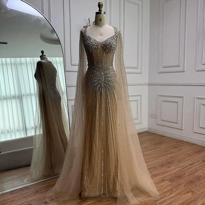 Luxury Nude Beaded Evening Dress with Cape Sleeves LA72575C