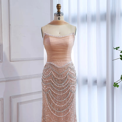Luxury Nude Mermaid Crystal Evening Dress for Wedding Guest LA73320