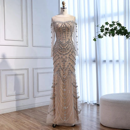 Luxury Off Shoulder Beaded Evening Dress with Long Sleeves and Train LA72930