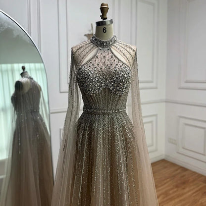 Luxury Beaded A-Line Evening Dress with Cape Sleeves LA73054