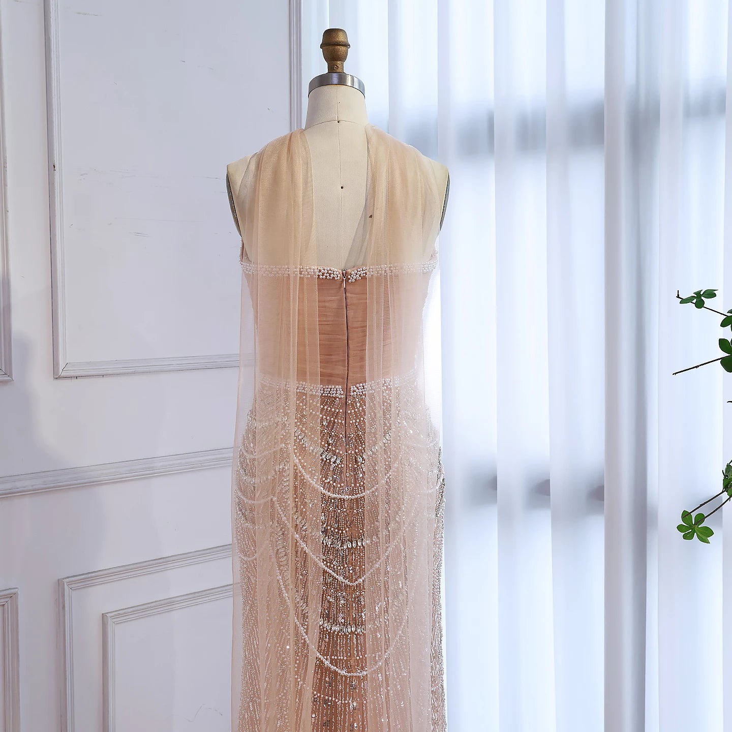 Luxury Nude Mermaid Crystal Evening Dress for Wedding Guest LA73320
