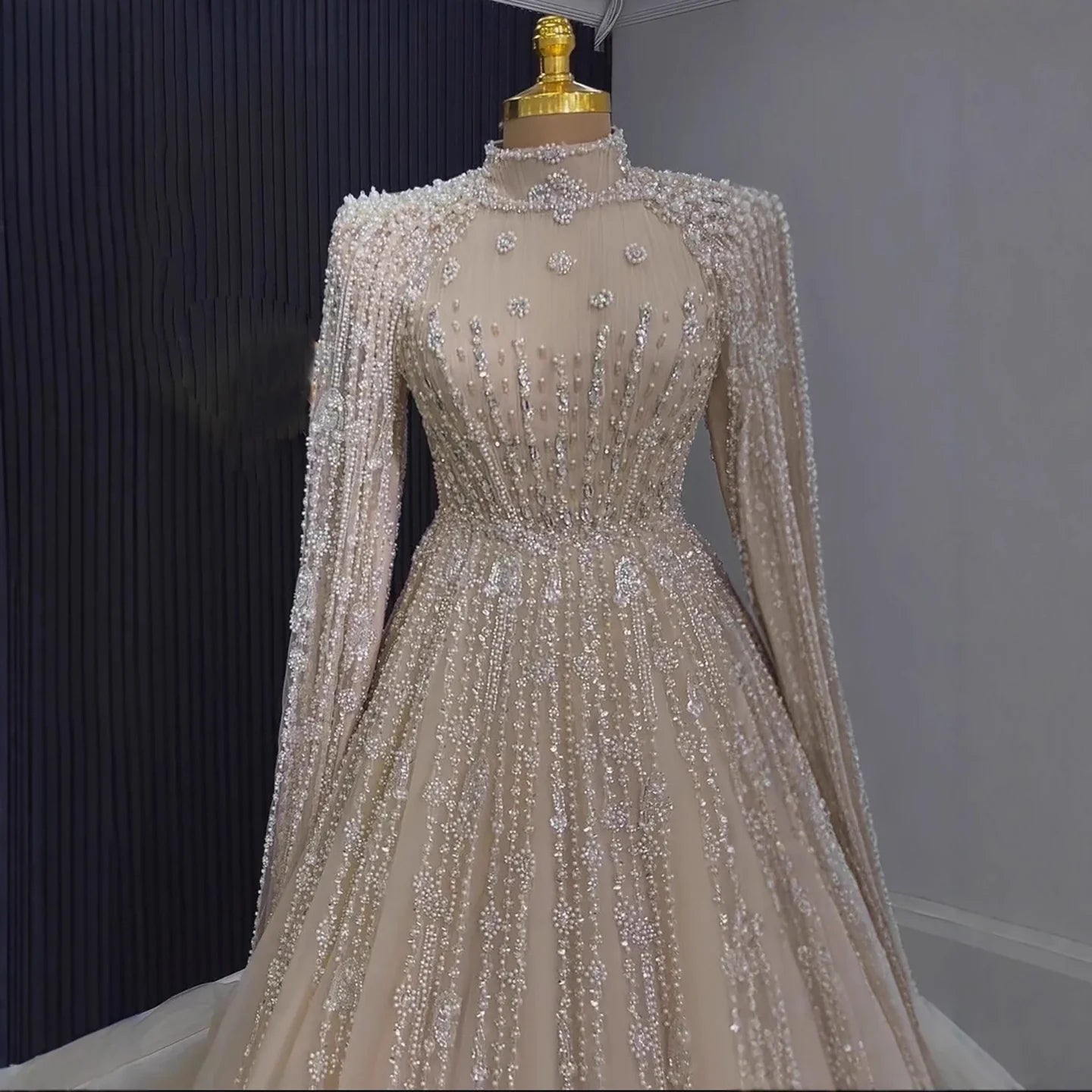 Luxury Nude Muslin Modest Beaded Evening Dress with Cape LA73271