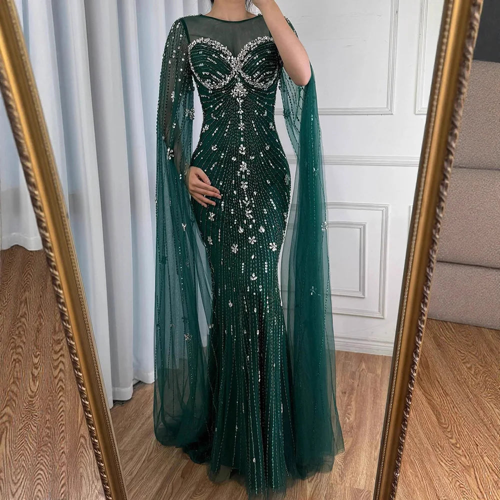 Luxury Green Beaded Mermaid Dress with Cape Sleeves LA73115
