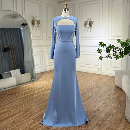 Luxury Dubai Blue Satin Mermaid Evening Dress Lace-Up Back LA72416