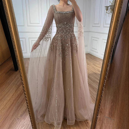 Luxury Caramel A-Line Beaded Evening Dress with Cape Sleeves LA73089A