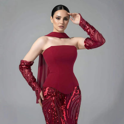 Luxuriöses weinrotes Meerjungfrauen-Abendkleid mit Handschuhen LA73050E