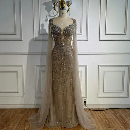 Luxury Designer Beige Beaded Evening Dress with Cape Sleeves LA72992