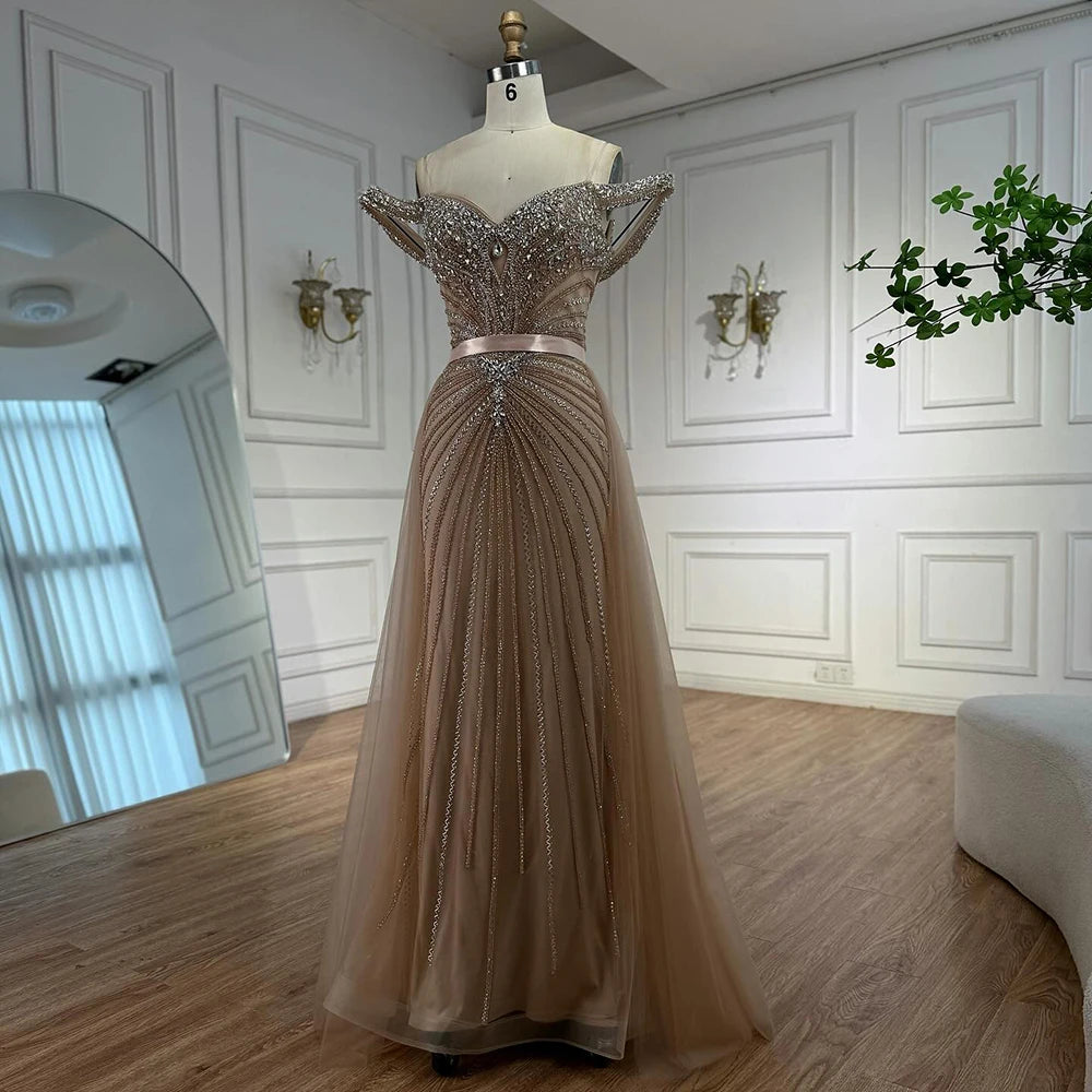 Luxury Nude Arabic Crystal Beaded Mermaid Off Shoulder Evening Dress LA73128