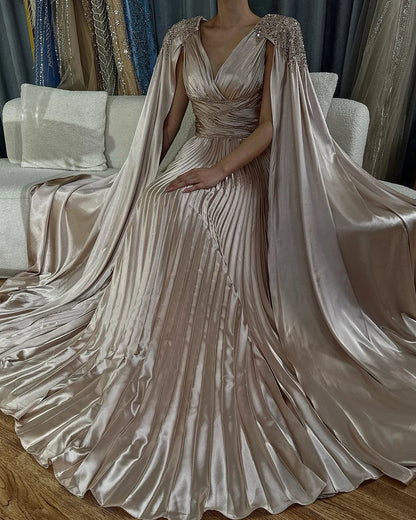 Rose Gold Beaded Satin A-Line Evening Dress with Cape Sleeves LA72663