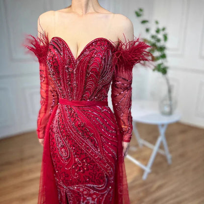 Luxury Arabic Nude Mermaid High Split Feather Beaded Evening Dress LA71910
