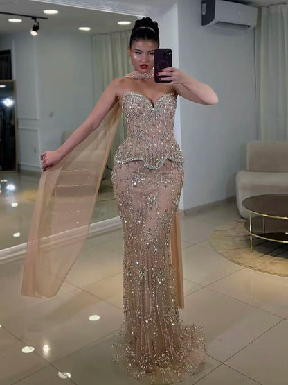 Luxury Nude Beaded Mermaid Evening Dress LA73336