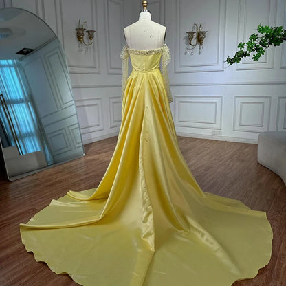 Elegant Yellow Mermaid Beaded Evening Gown with Detachable Sleeves LA72777