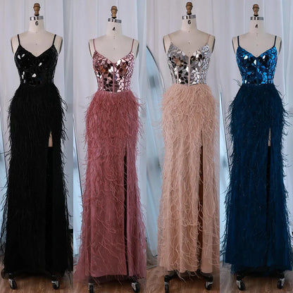Luxury Peacock Blue Feather Evening Dress with Mirror Beaded Bodice LA73008