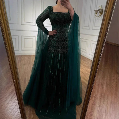 Luxury Green A-LineBeaded  Evening Dress with Cape Sleeves LA73089