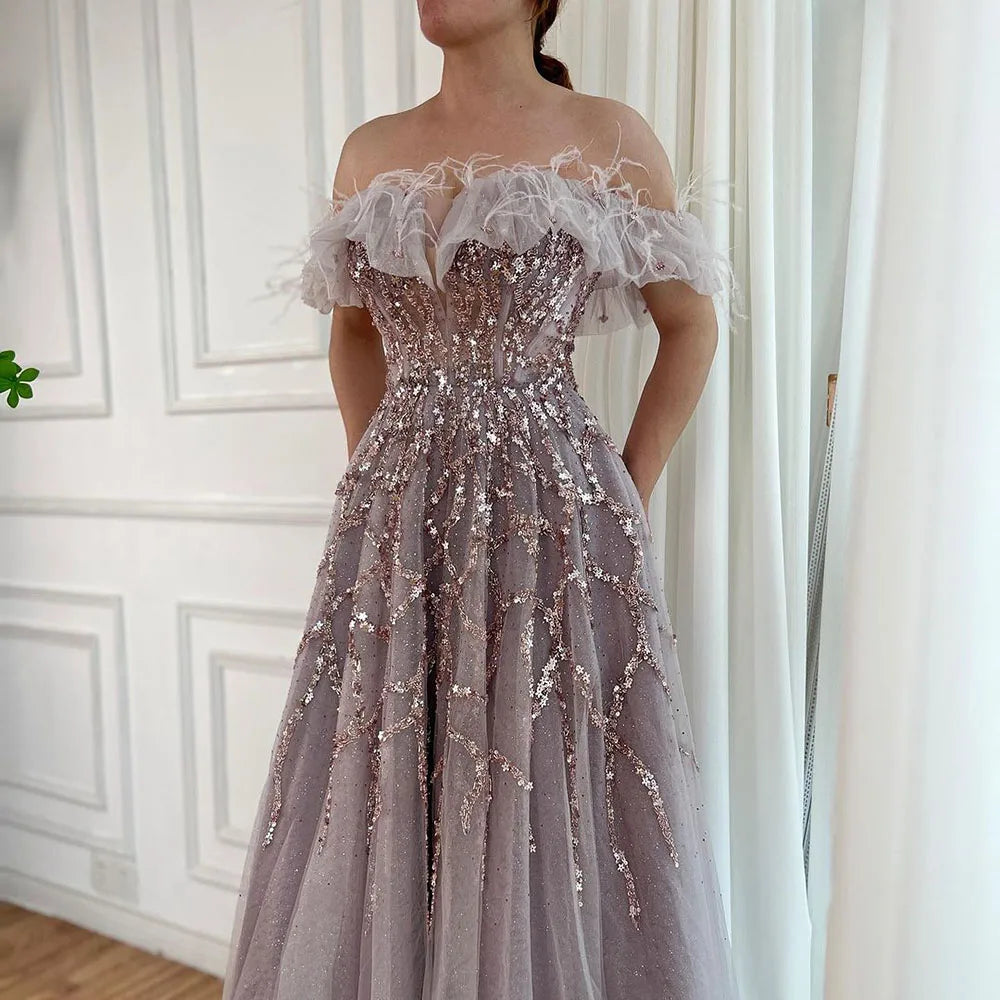 Luxury Turquoise Beaded Feather A Line Evening Dress LA71328