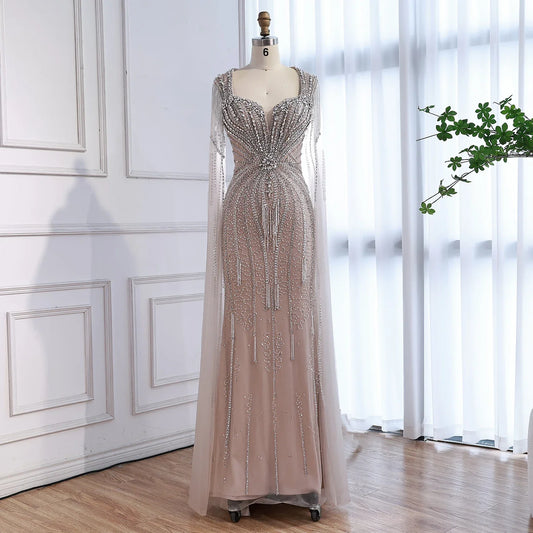 Luxury Caramel Beaded Evening Dress With Cape LA72992A
