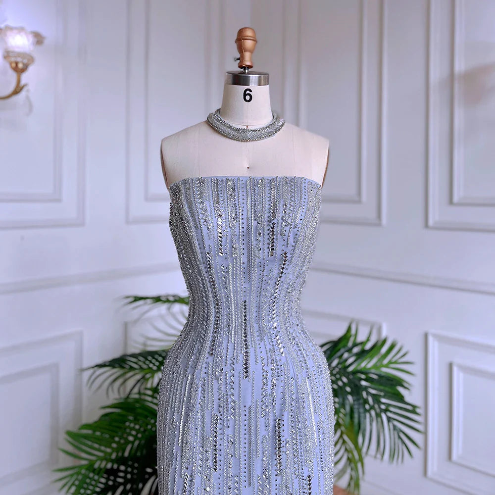 Luxury Dubai Arabic Blue Mermaid Balloon Sleeves Beaded Evening Dresses LA71823