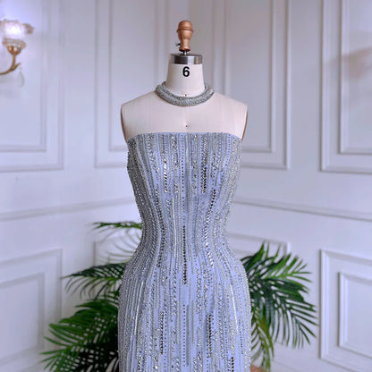 Luxury Dubai Arabic Blue Mermaid Balloon Sleeves Beaded Evening Dresses LA71823