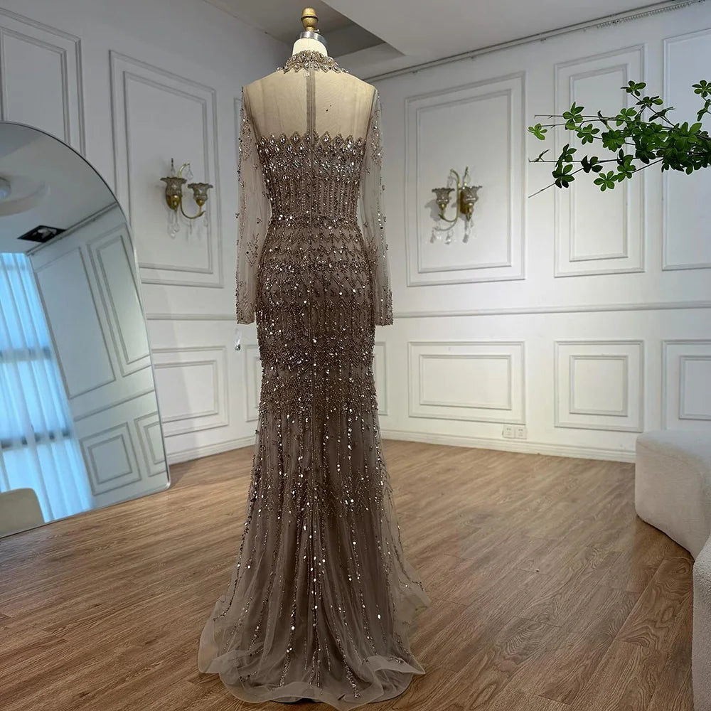 Luxury Arabic Turquoise Beaded Mermaid Evening Dress Long Sleeve LA72714C