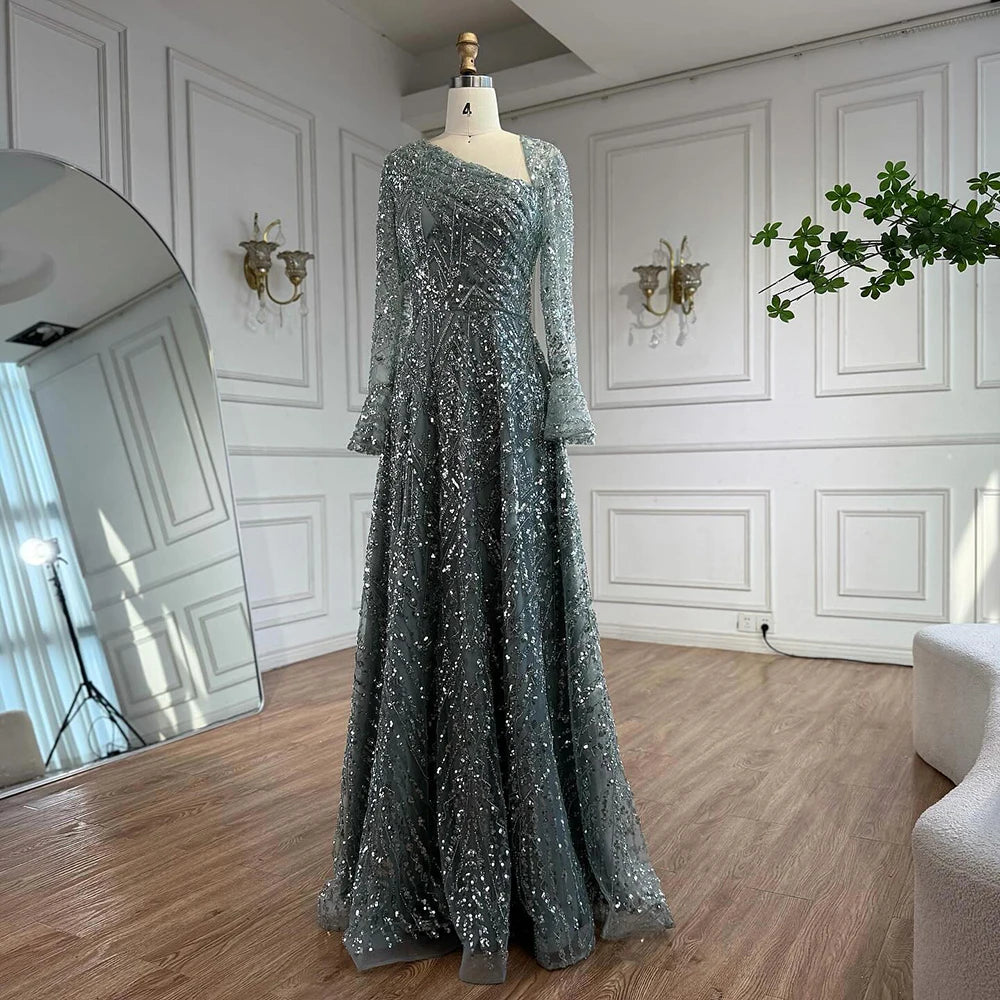 Luxury Turquoise Beaded A-Line Evening Dress with Puffy Sleeves LA73177