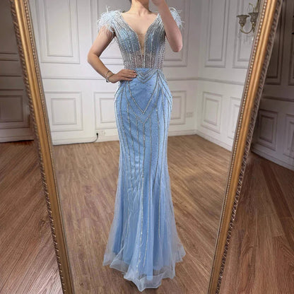 Luxury Dubai Blue Mermaid Evening Dress with Pearls and Feathers LA72578