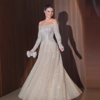 Luxury Beige Arabic A-Line Evening Dress 2026 For Wedding Party LA73333