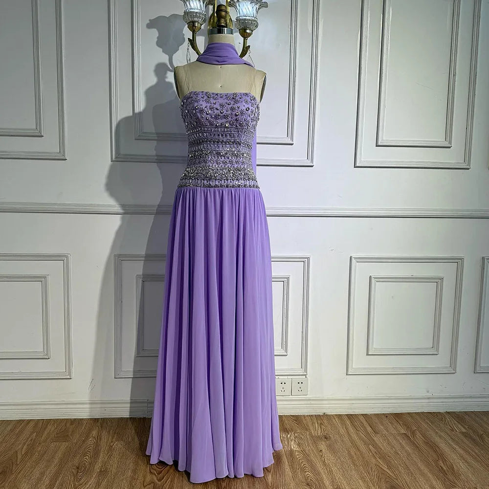 Lilac   Beaded A Line Arabic Evening Dress LA73044