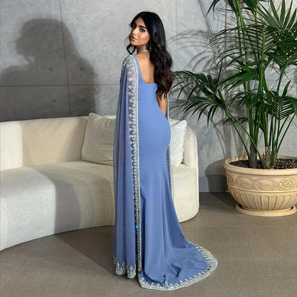 Luxury Blue Mermaid Beaded Evening Dress with Cape Sleeves LA72086